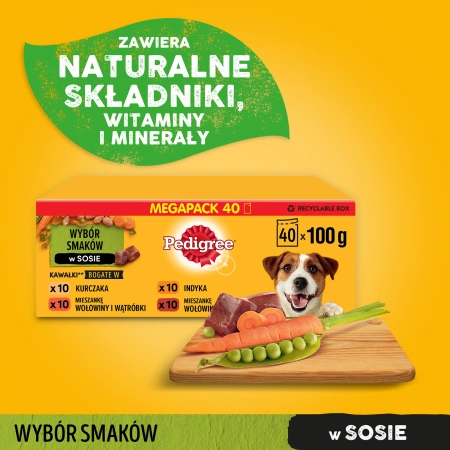 Pedigree Mokra Karma Dla Dorosłych Psów Saszetka Mix Smaków (Z Kurczakiem I Warzywami, Z Wołowiną I Warzywami, Z Indykiem I Marchewką, Z Wołowiną I Jagnięciną) 40x100g